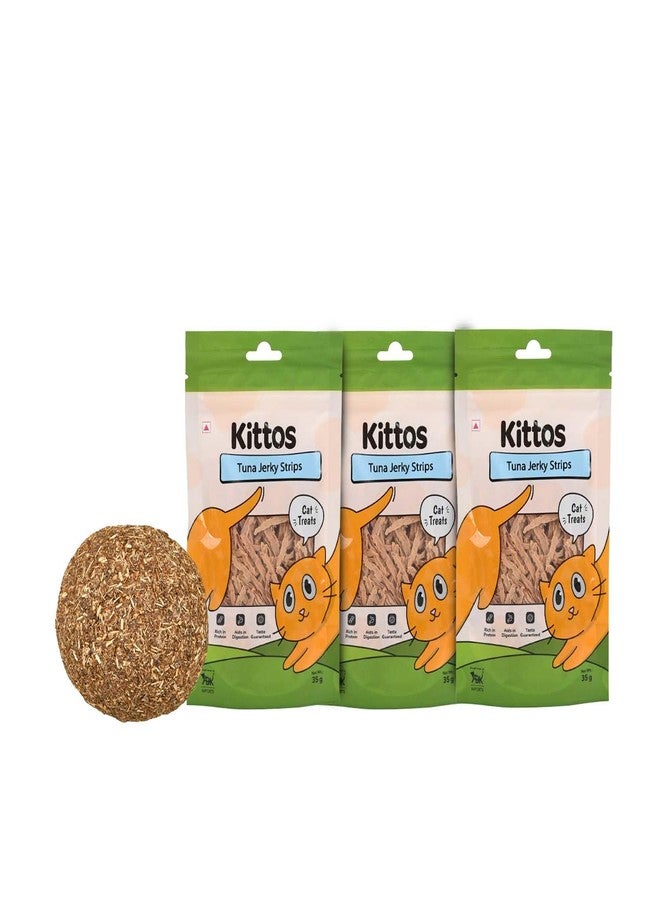 تريكسي مجموعة من لعبة كرة النعناع البري تريكسي للقطط - 4 سم، و3 عبوات من شرائح لحم التونة المجففة كيتوس، 35 غرامًا - Image 1